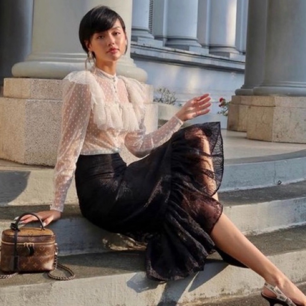 SANDRA MANSOUR X H&M Embroidered Organza Skirt Womens Size 4 Black Floral